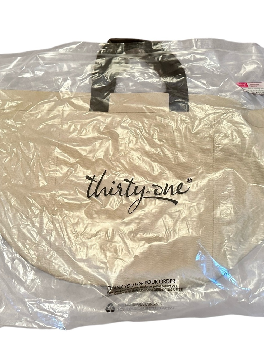 thirty-one Beige Canvas Storage Bin with Black Handles NWT